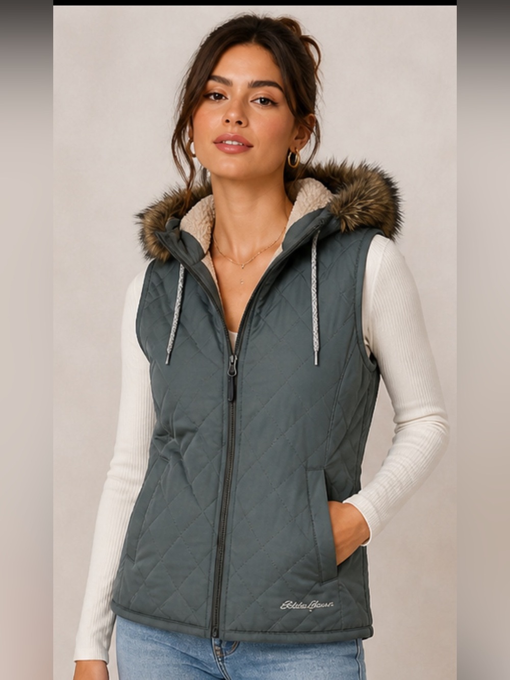 Eddie Bauer Quilted Hooded Vest in Olive Green with Faux-Fur Trim